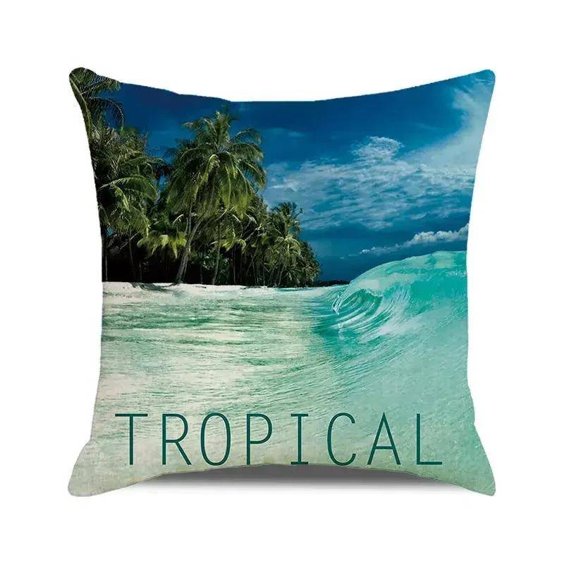 45x45 cm Blue Ocean Style Square Cushion Cover Beach Coconut Grove Sunset Scenery Print Pillowcase Home Decor Pillow Cover
