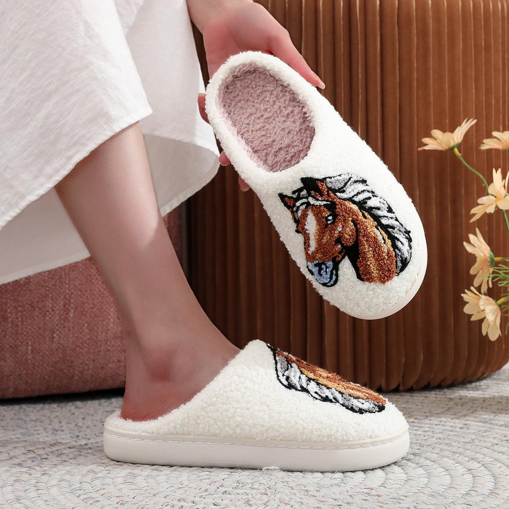 Farmer Ranch Horse Pattern Embroidered Plush Home Thick-Soled Comfortable Furry Slippers Cute Warm Non-Slip Indoor Slippers