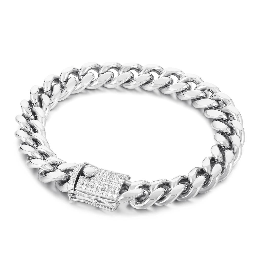 12mm Cuban Chain Bracelet for Men Women Stainless Steel With CNC Zircon Clasp Hip Hop Jewelry Shiny Link Chain Accessories