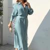 Commuter Tie Solid Colour Dress Waist Long Sleeve Deep V Neck Summer Women's Dresses