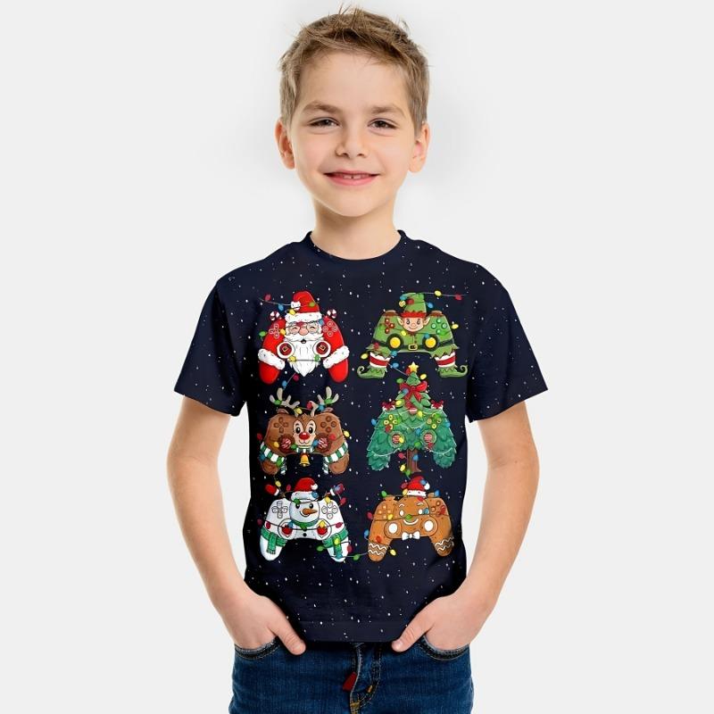 Детская одежда Забавная футболка с 3D-принтом Санта-Клауса Рождественские футболки с коротким рукавом для мальчиков и девочек 2-10 лет Рождественский подарок для детей Топ
