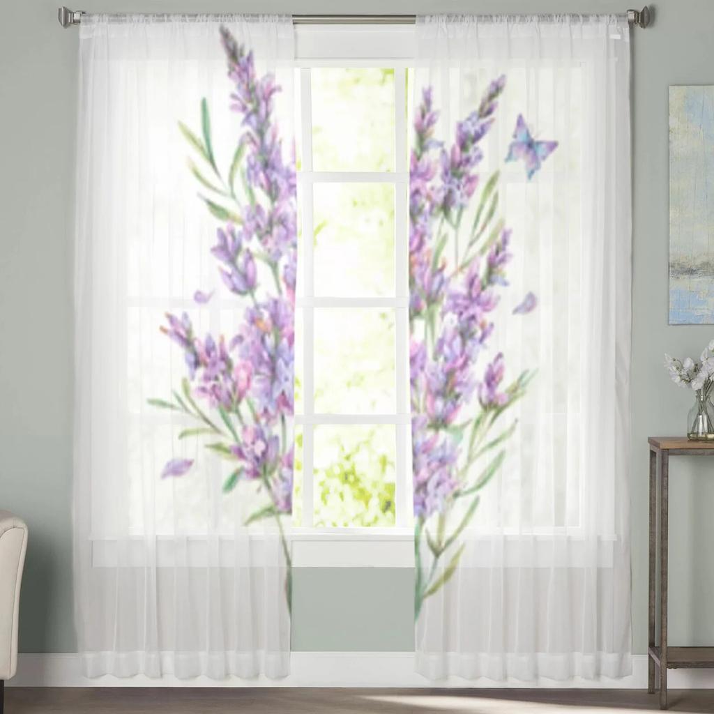 Акварельные цветы лаванды, прозрачные шторы для гостиной, спальни, кухни, тюлевые занавески, декоративные прозрачные панели для дома