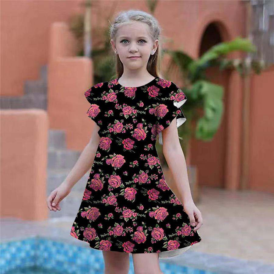 Платья с принтом желтой розы для девочек. Детское праздничное платье для девочек. Свободная облегающая юбка с короткими рукавами для девочек старше четырех лет.