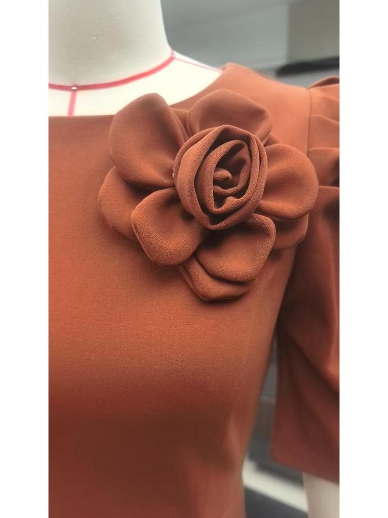 Новое платье с завышенной талией, 3D цветочным декором и короткими рукавами - Европейский и американский стиль, приталенный силуэт, идеально для вечеров и вечеринок