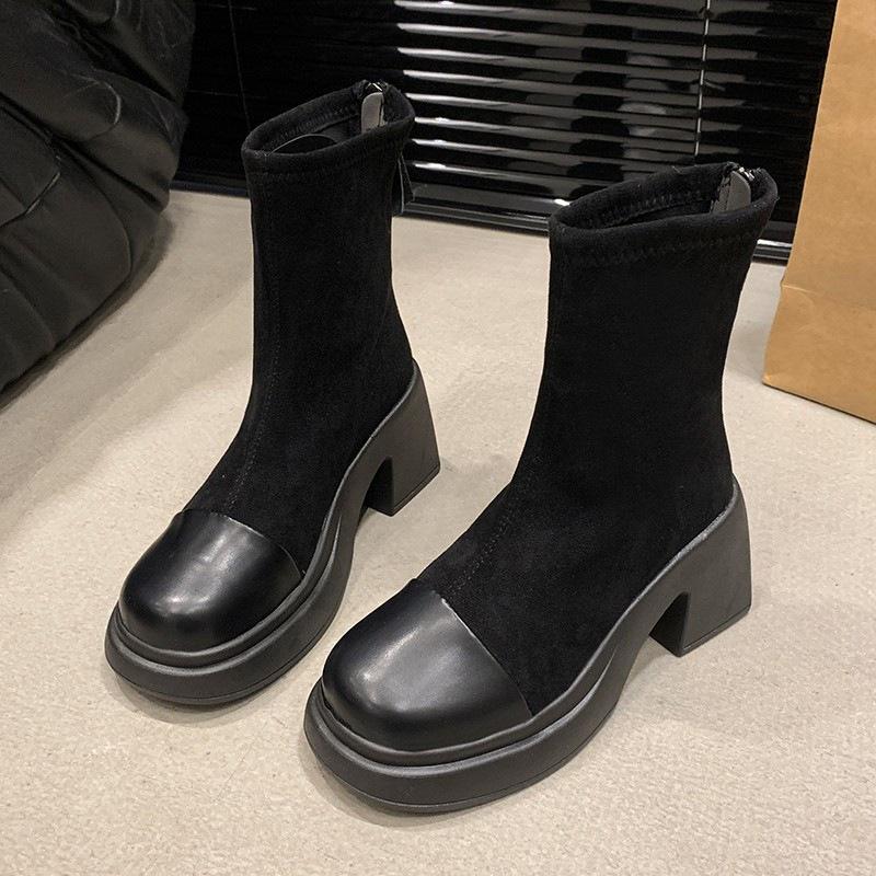 Ретро Обувь, Новые Универсальные Женские Ботильоны на Толстой Подошве, Массивные Каблуки, Стройнящие Эластичные Сапоги