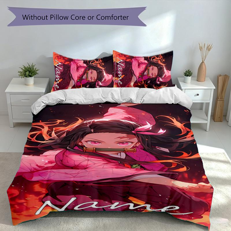 3pcs Custom Name Demon Slayer Nezuko Set,Includes 1 Duvet Cover and 2 Pillowcases,All-season Bedroom Decor