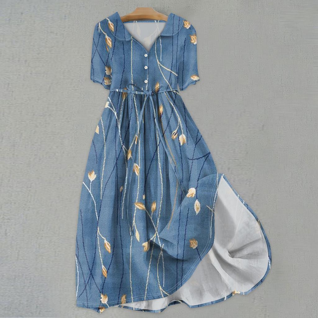 Женская мода повседневное платье с воротником с лацканами и короткими рукавами с принтом и ремнями