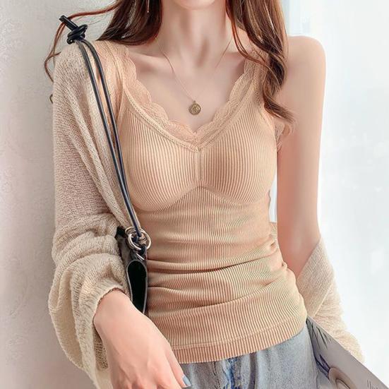 Women Thermal Vest Lace Trim Plush-lined V Neck Sleeveless Thread Solid Color Slim Fit Elastic with Chest Pads Layering