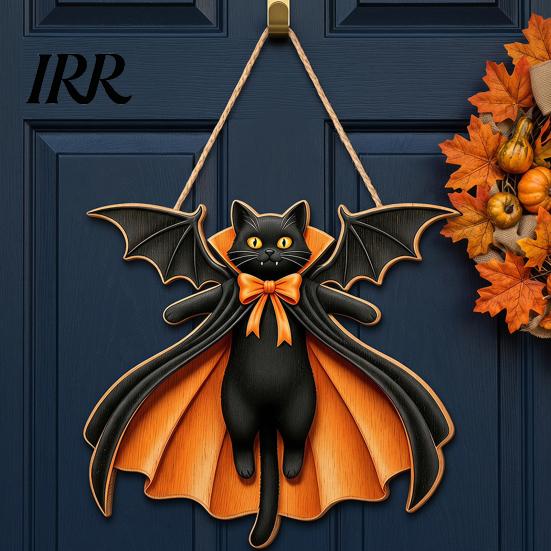 Indoor Outdoor Holiday Sign Black Cat Ghost Door Sign, Halloween Decorative Plaque, Wooden Hanging Craft Decorations Vintage Rustic Decor with