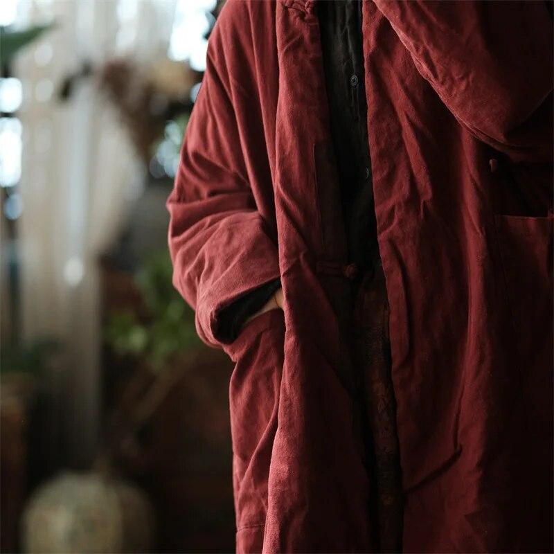 Johnature Women Chinese Style Stand Winter Parkas Solid Color Patchwork Pockets Coats Long Sleeve Button Vintage Parkas