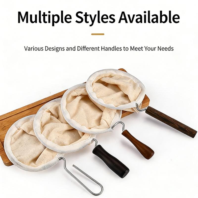 3pcs Washable Cloth Coffee Filter Pouches Coffee Sock Strainer with Wooden Handle Multi Size Brewing Accessories