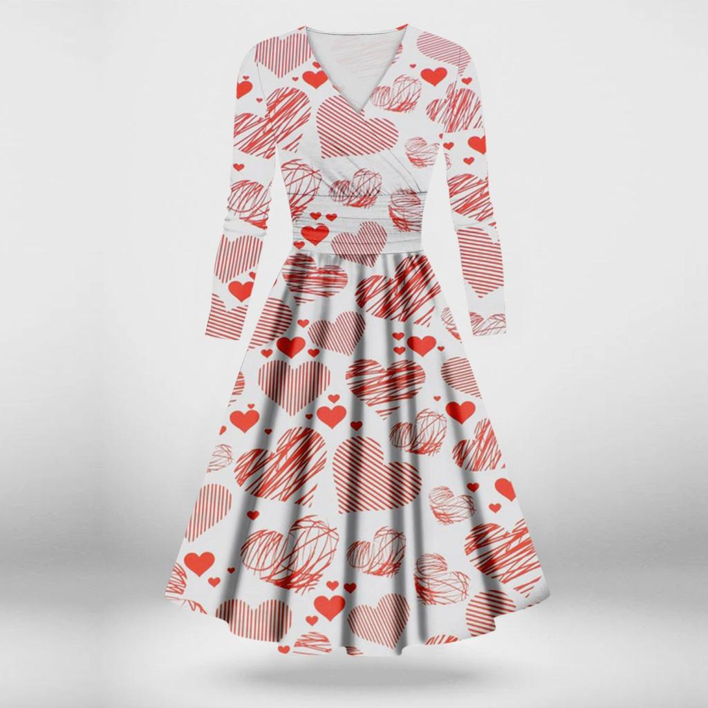 Ladies Fashion Casual Valentine's Day Print Long Sleeve V-neck Sexy Dress