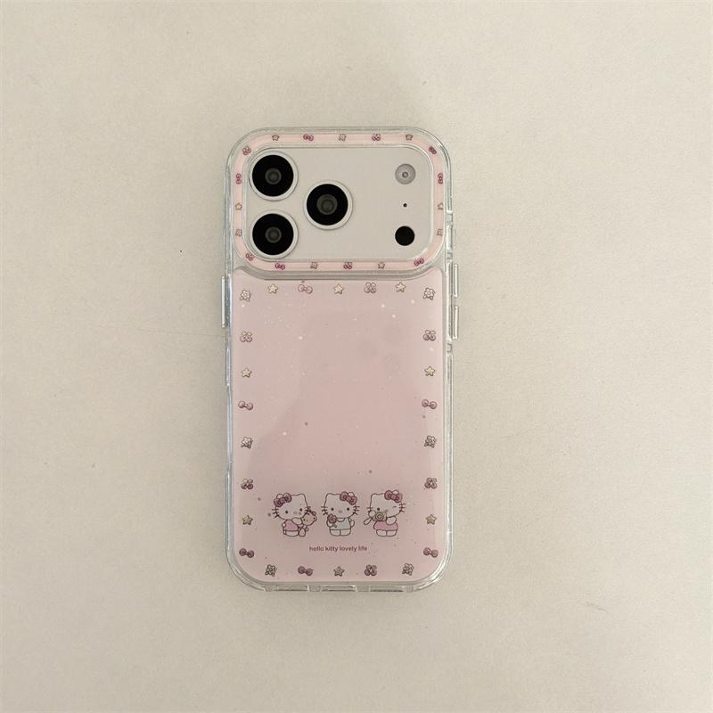 Kawaii Hello Kitty Pink Glitter Phone Case For iPhone 15 16 17 Pro Max Bow Star Pattern Clear Soft TPU Shockproof Cover with Cha