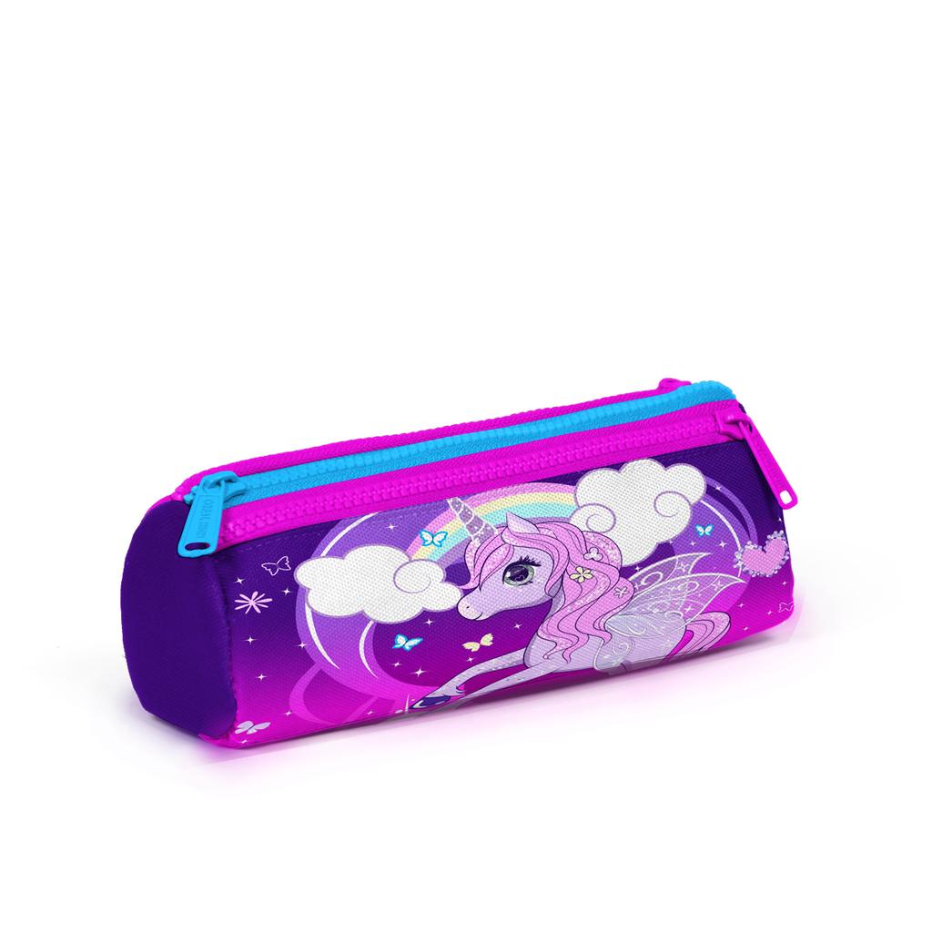 coral high Kids Purple Pink Unicorn Patterned Three Compartment Pencil Bag 22008