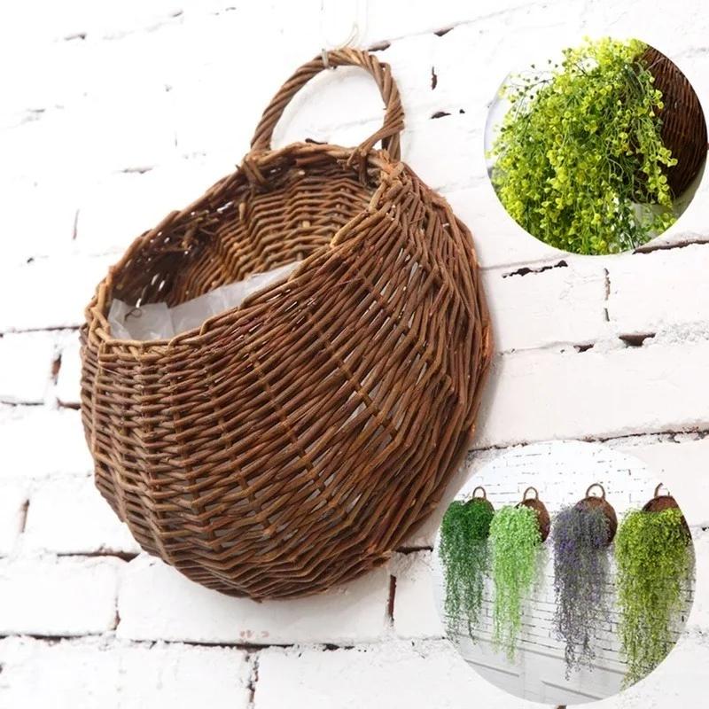 Rattan Vase Basket Hand Made Wicker Nest Flower Pot Eco-Friendly Wall Hanging Vase Container Storage Basket Home Decoration