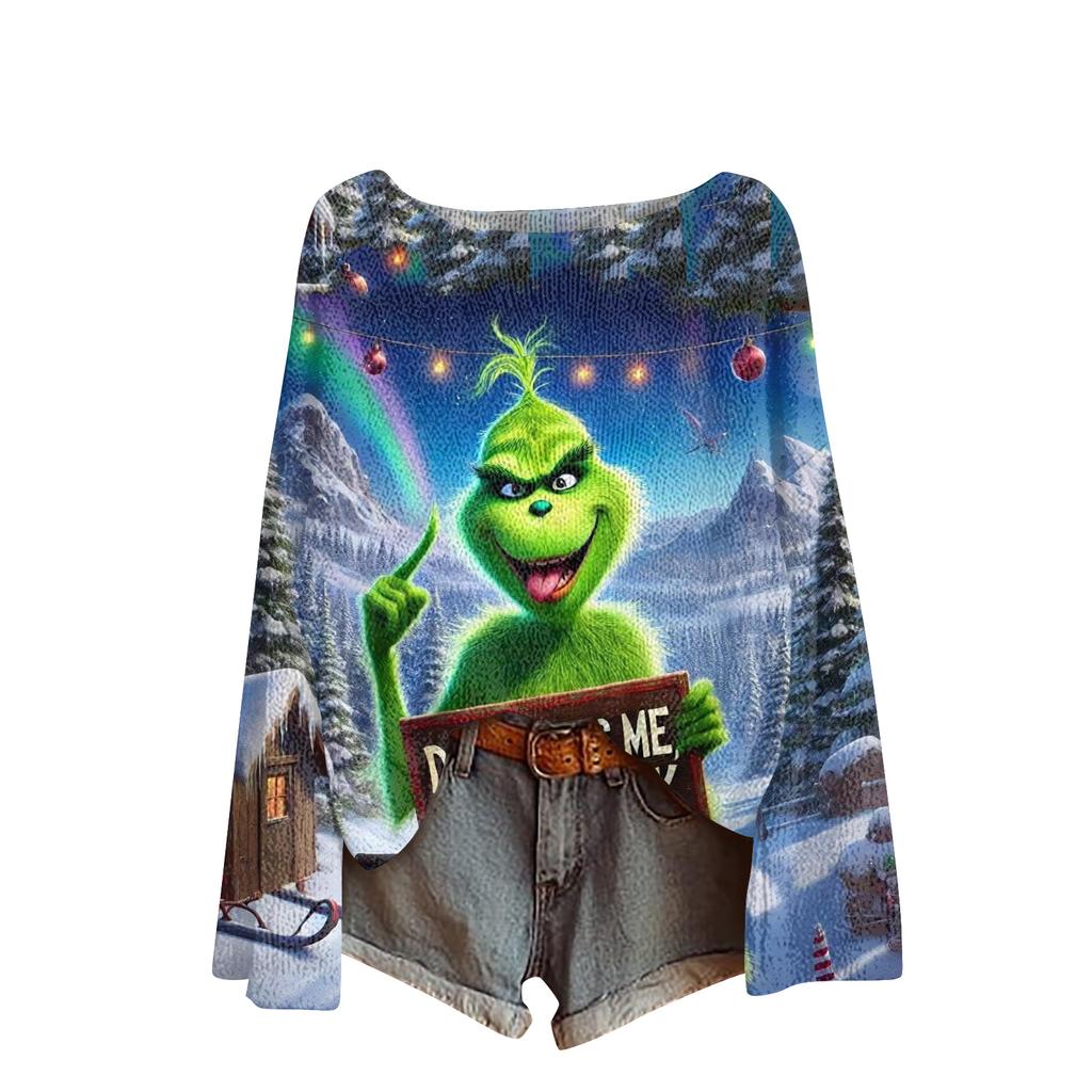 Women's Fashion Round Neck Long Sleeve Christmas Print Casual Knit Pullover Top