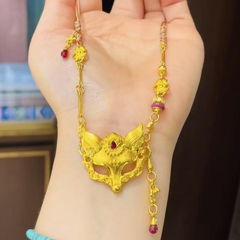 Retro Golden Mask Pendant Necklace with Matching Beaded Bracelet and Ring, Stylish Female Jewelry Gift