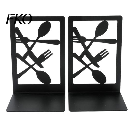 Cutlery Bookends 1 Pair Kitchen Metal Decorative Bookend for Shelves, Heavy Duty Non-Skid Book Cooking Theme Holder Stand, Black Support Stopper