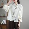 Japanese Style Spring Autumn Women Cotton Blouse Turn-Down Collar White Apricot Dark Gray Floral Embroidery Shirt Vintage Long Sleeve Blouse