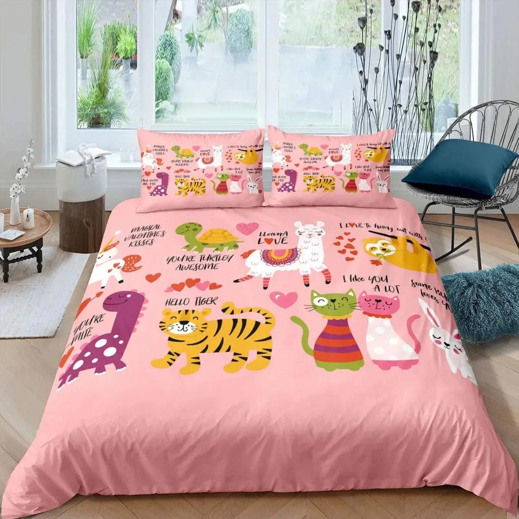 Cute Cartoon Alpaca Llama Cactus Print Duvet Cover Set Full Size, Alpaca Bedding Set Botanical Animal Comforter Cover,Multicolor