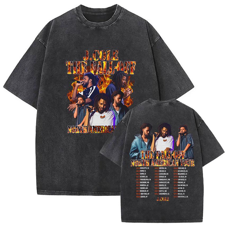 Vintage Washed J Cole T Shirts The Fall Off North America Tour Graphic Tshirt Unisexs Clothing Hip Hop Short Sleeve Tshirt
