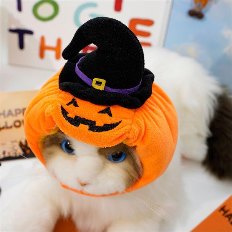 Halloween Cat Cap Pumpkin Plush Head Cover Cute Cat Woven Warm Headdress Pet Hat Kitten Cosplay Costume Accessories