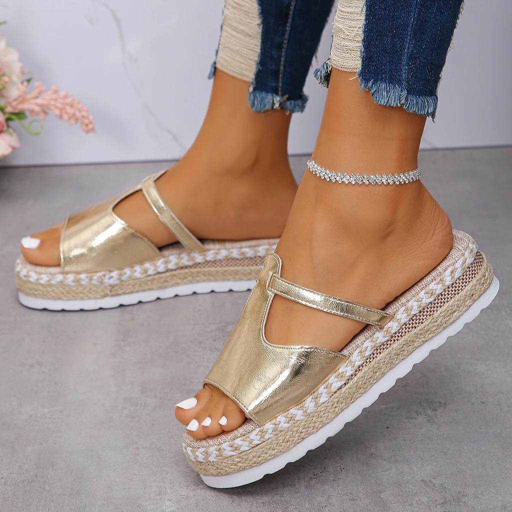 Модные сандалии-клинья с открытым носком для женщин, повседневные, большого размера, на платформе с подошвой из пеньковой веревки, на толстой подошве