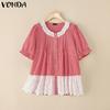VONDA Women Short Sleeve Plaid Lace Crochet Ruffled Casual Blouse
