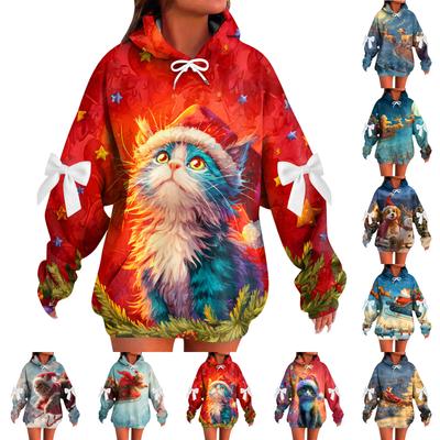 Женский рождественский с принтом банта, с длинными рукавами, свободного кроя, повязка на голову с веревкой, худи-топ с капюшоном