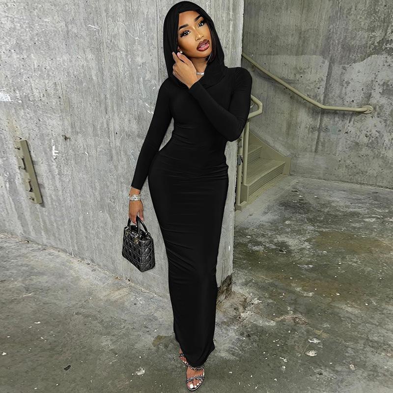 Облегающее платье макси с капюшоном и длинными рукавами, модное облегающее повседневное платье-футболка, осенне-зимнее длинное платье, черно-серое