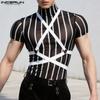 Men High Neck Short Sleeve See Through Bandage Party Club T-shirts Tee