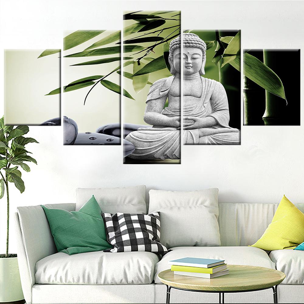 Sitting Buddha Bamboo Leaves Canvas Set Wall Art Decor Home Decoration Accessories Modular Canvas Painting for Living Room Decor