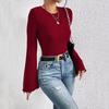 2024 Burgundy Bell Sleeve Round Neck T-Shirt – Versatile Autumn/Winter Top