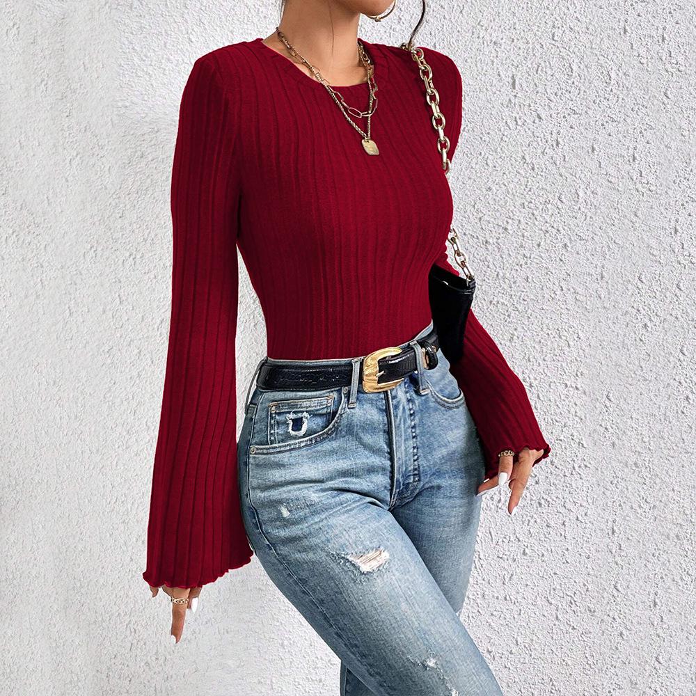 2024 Burgundy Bell Sleeve Round Neck T-Shirt – Versatile Autumn/Winter Top
