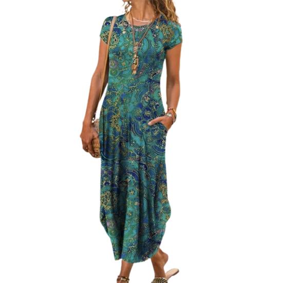 Платье с круглым вырезом, свободное женское женское винтажное платье с цветочным принтом для отпуска