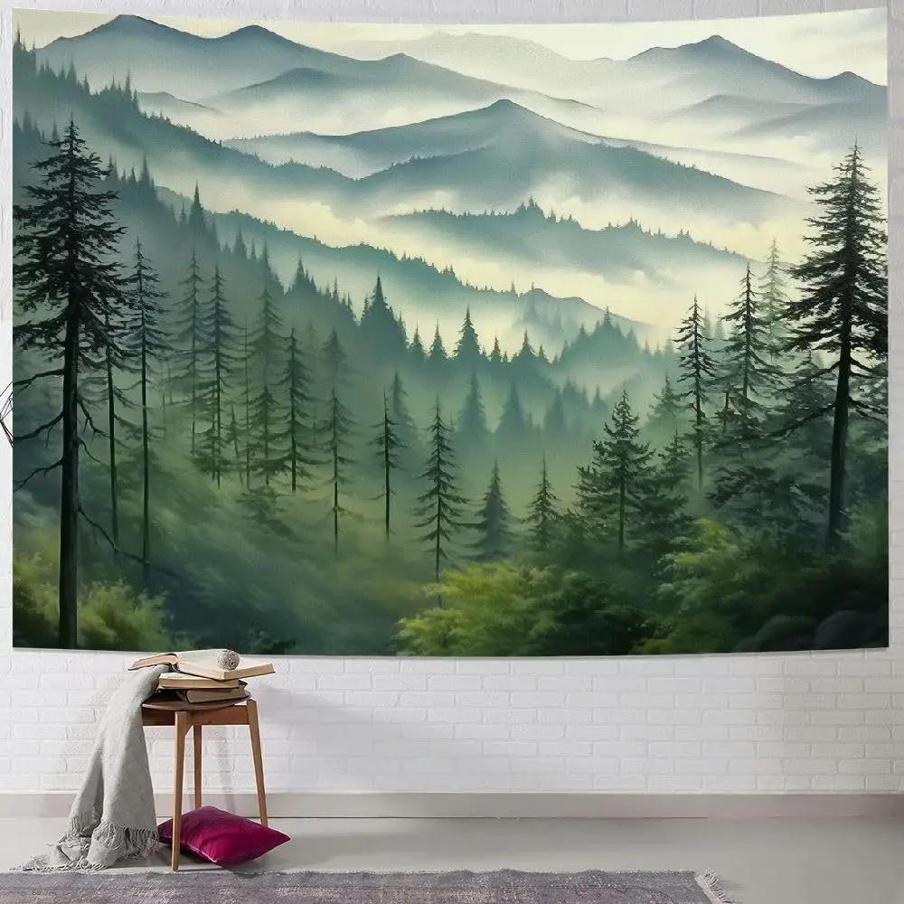 Forest And Mountains Foggy Tapestry Watercolor Landscape Wall Hanging Aesthetic Sage Green Decor For Bedroom And Living Room