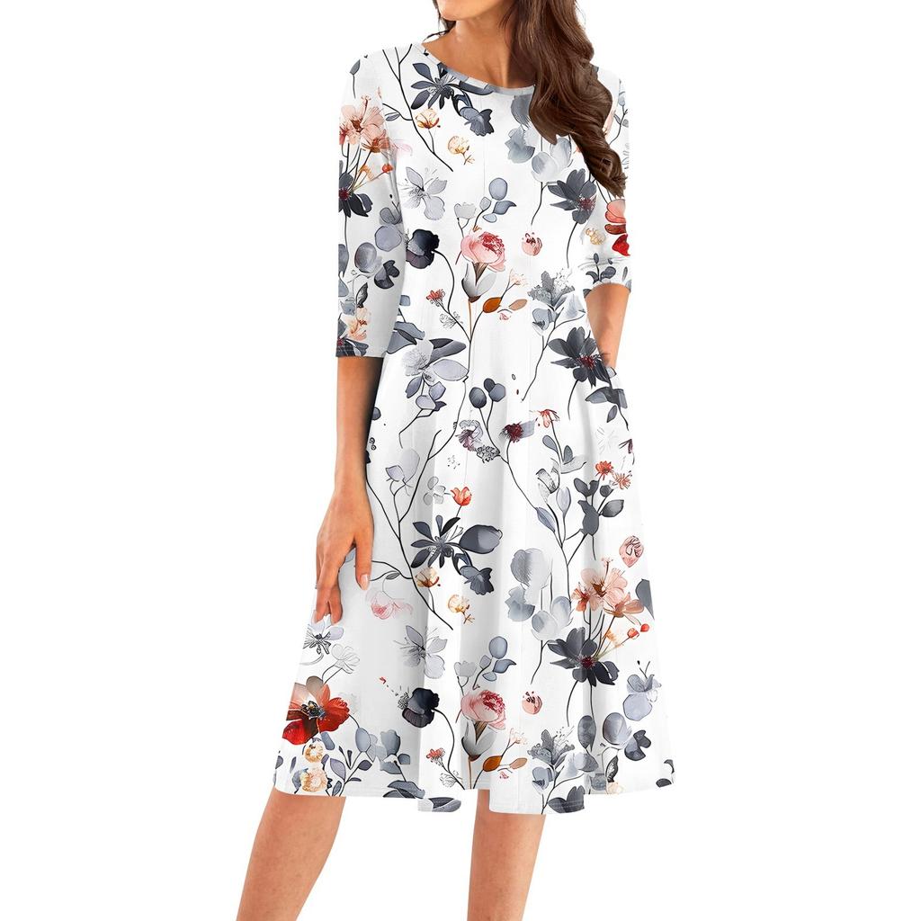 Women's Casual Fashion Round Neck Three Quarter Sleeve Print Midi Dress