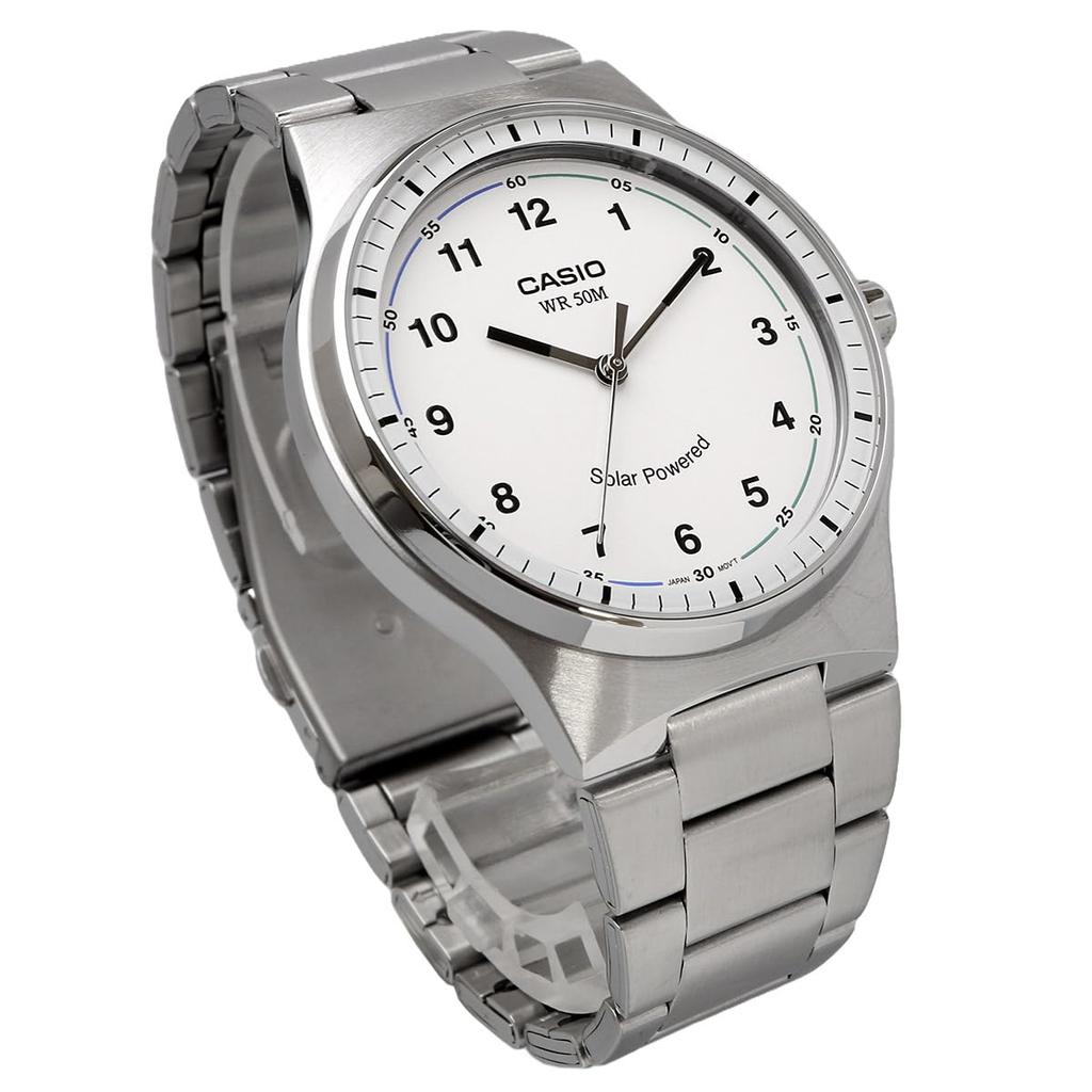 Casio Стандартные солнечные аналоговые 5 АТМ водонепроницаемые часы с белым металлическим ремешком Overseas модель [Casio] MTP-RS105D-7BV мужские [Товар]