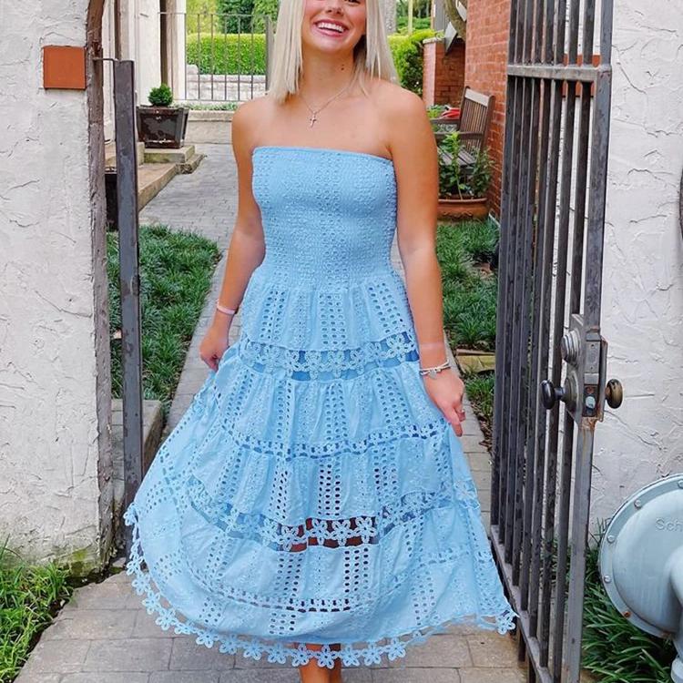 Hollow Out Dresses For Women Strapless Sleeveless High Waist Embroidery A Line Solid Backless Dress Female Fashion