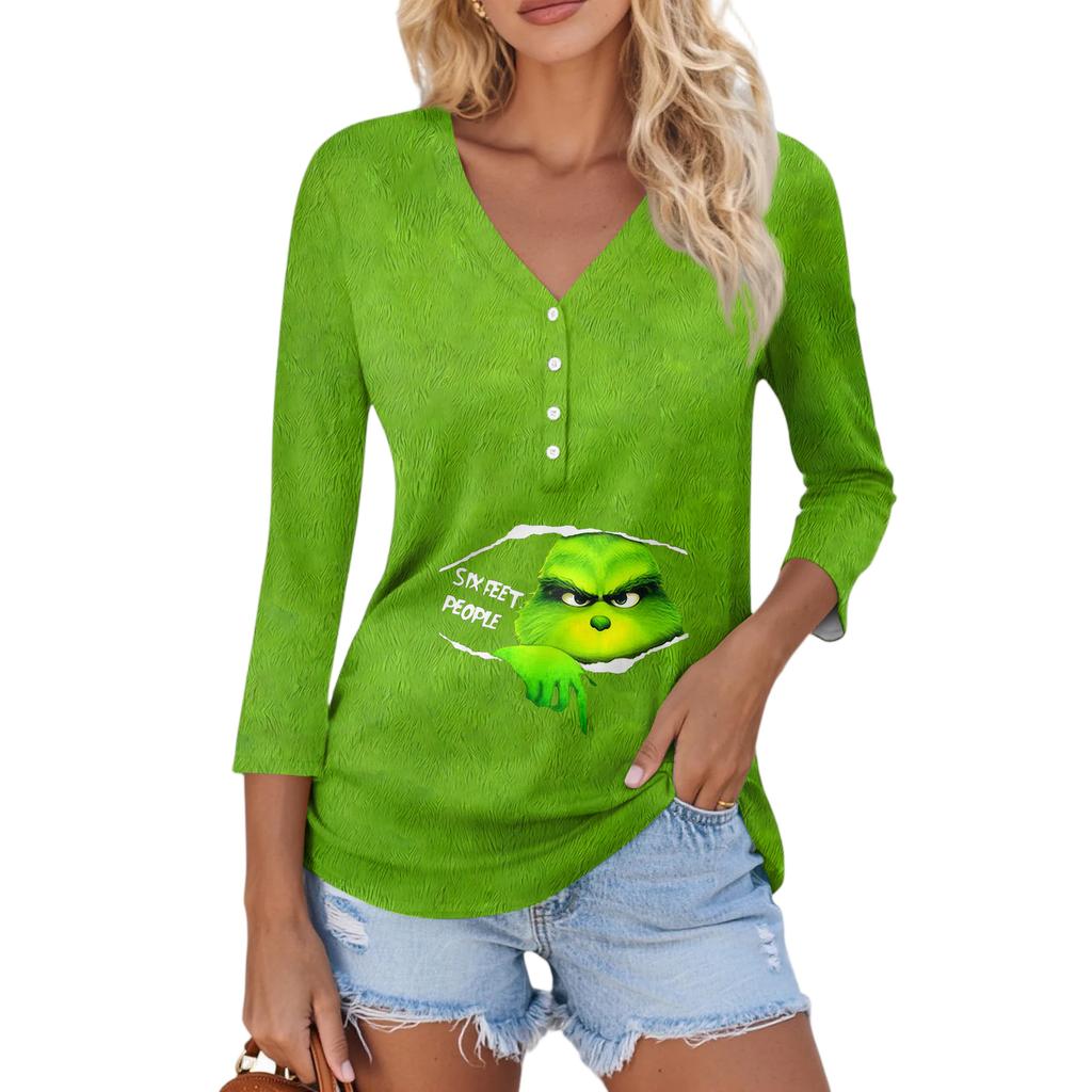 Женский повседневный модный сексуальный удобный топ с V-образным вырезом и принтом на Рождество, с рукавом три четверти на пуговицах