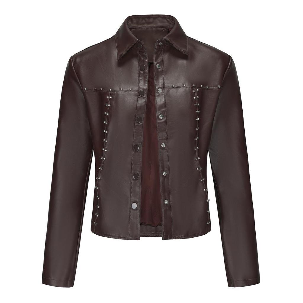 Fall Winter Women Lapel Collar Long Sleeve Slim Fit Zipper Pu Leather Jacket