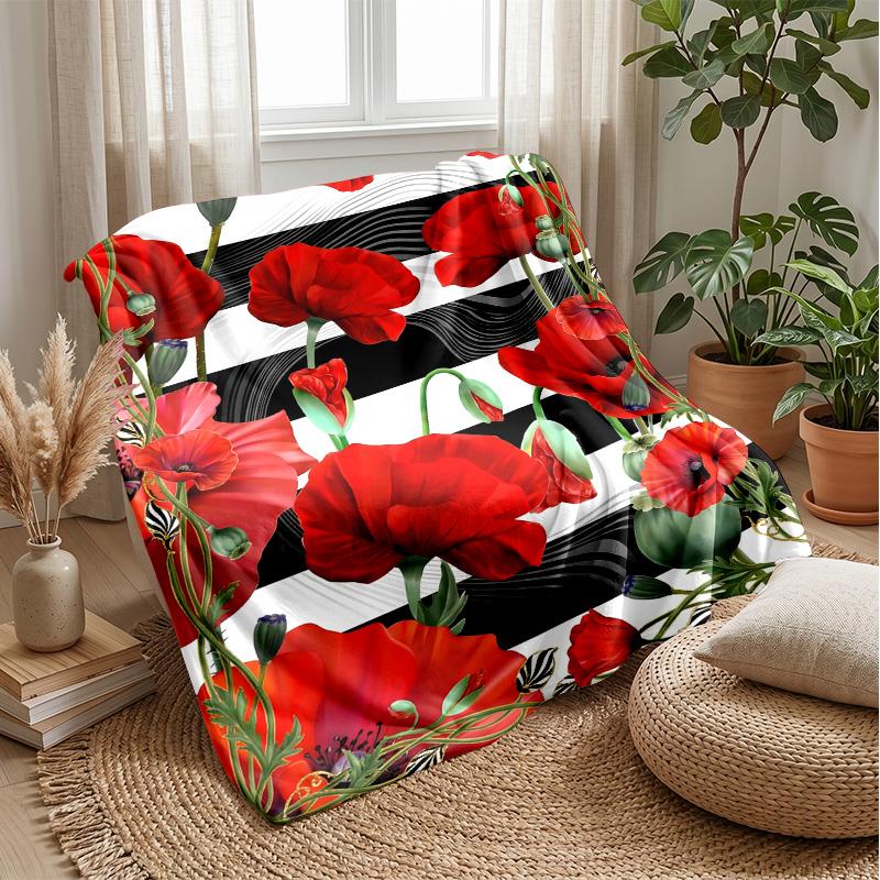Red Poppies and Butterflies Theme blanket Lightweight Warm Flannel Blanket Decorative Throw Blanket for Home Decoration