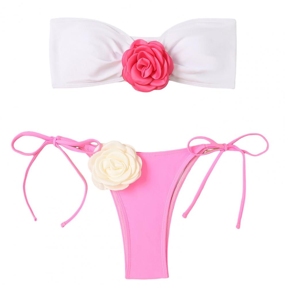 Женский сексуальный комплект бикини с цветочным принтом, топ-топ, купальник, стильный комплект бикини-бандо с 3d цветком и трусами на шнуровке, женские для быстрого