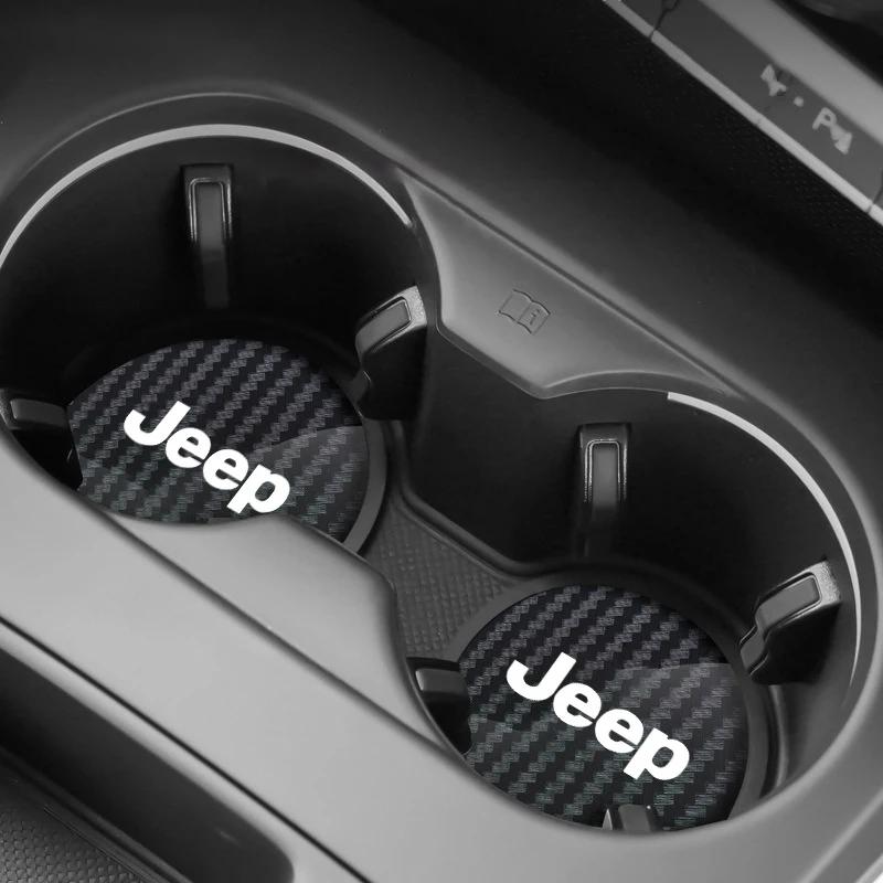 AQI1 2Pcs Carbon Fiber Texture Car Coaster Interior Cup Mat for Jeep Wrangler Grand Cherokee Avenger Compass Wagoneer Patriot