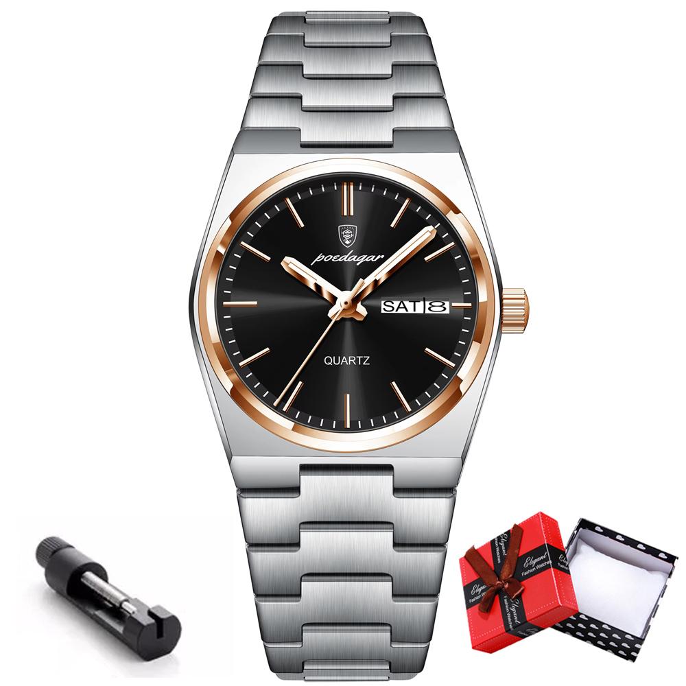 POEDAGAR Роскошные часы для женщин, элегантные кварцевые часы, водонепроницаемые, светящиеся, с датой и неделей, женские часы из нержавеющей стали
