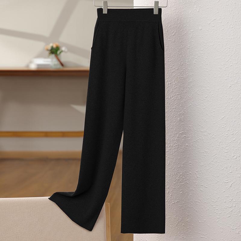 Женские драпирующиеся шерстяные брюки с высокой посадкой и широкими штанинами, осенне-зимний стиль, мягкие, универсальные, повседневные, длиной до пола, вязаные прямые штанины.