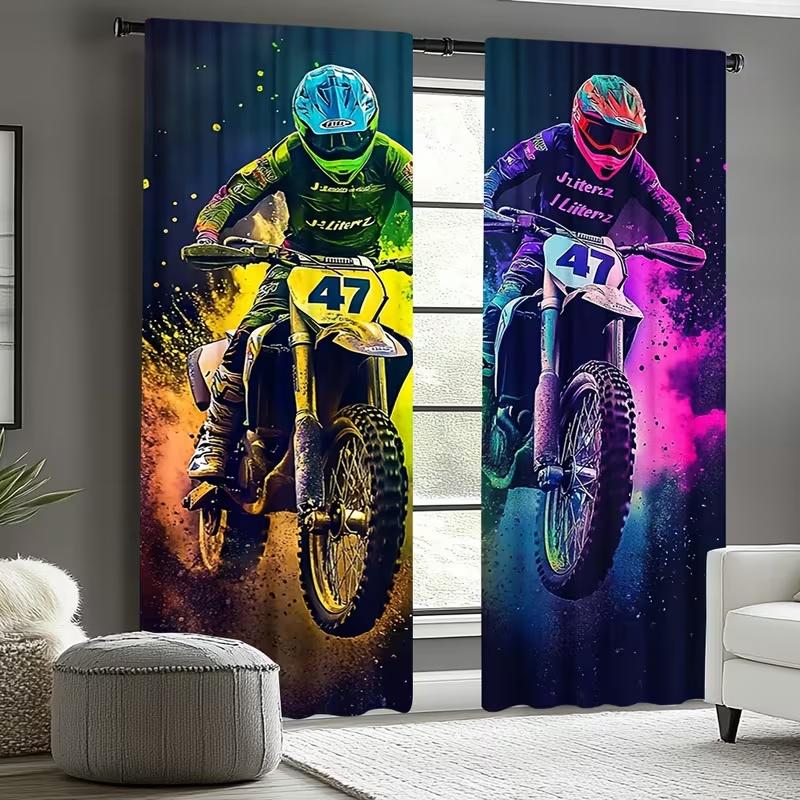 2PcsColorful motorcycle print curtains,suitable for bedroom,living room kitchen decoration,home decoration, curtains for bedroom