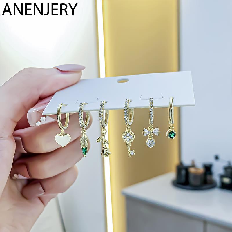 ANENJERY Женские серьги-кольца с листьями циркона, розами и сердечками, простые милые серьги из 6 предметов, вечерние украшения