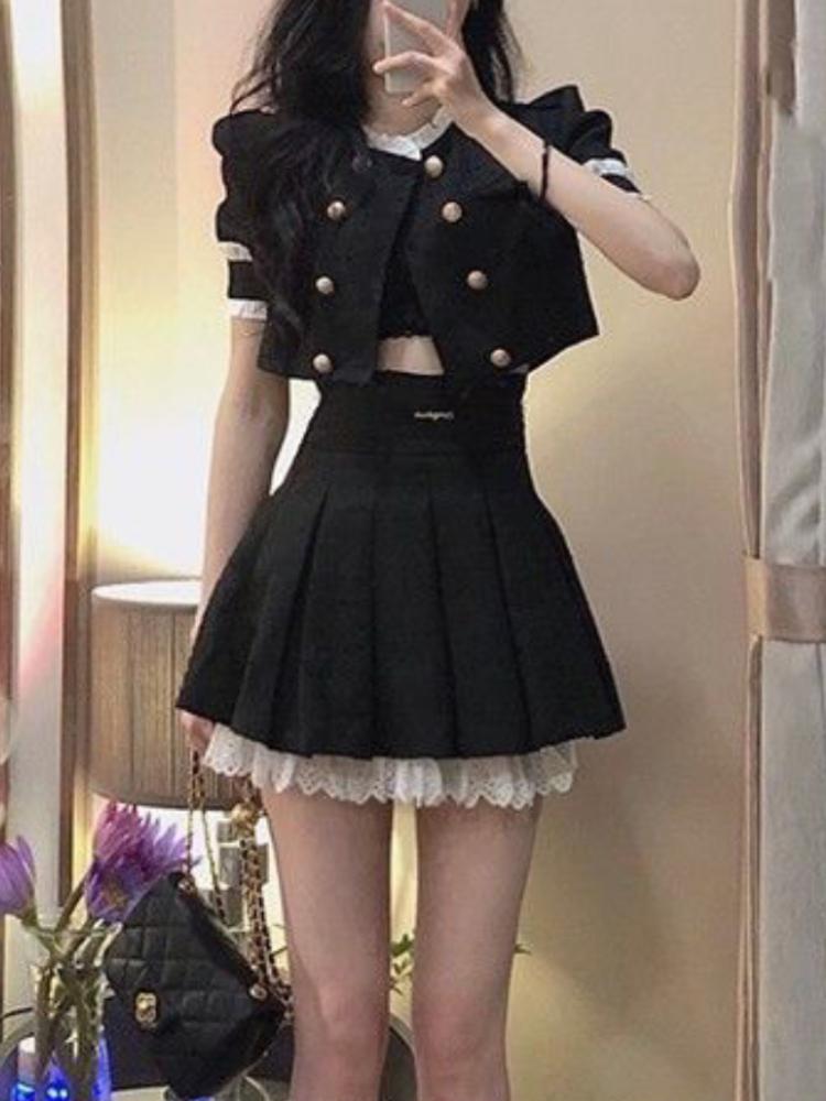 Black French Vintage New Two Piece Set Women College Style Lace Elegant Skirt Sets Female Japanese Sweet Mini Skirt Suit Summer