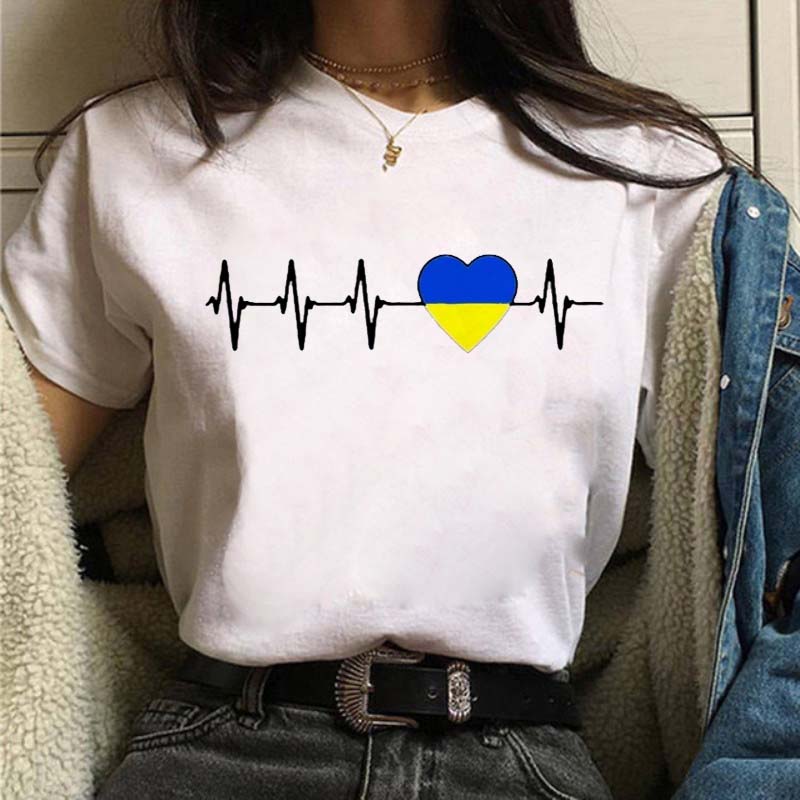 Футболка с принтом 'Сердцебиение Синий Желтый' Женская Мода Y2K Футболка с коротким рукавом Топы Леди 90-е Женская Уличная одежда Харадзюку Женская одежда
